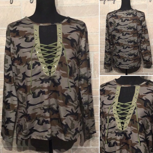 Tops - Sexy Camo collar shirt - Sz M - criss cross - WoW